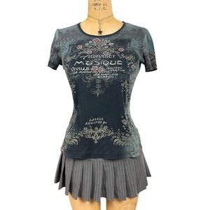 Y2K Black Rhinestone Graphic Tee Fairy Grunge Skinny Minnie Goth Size S
